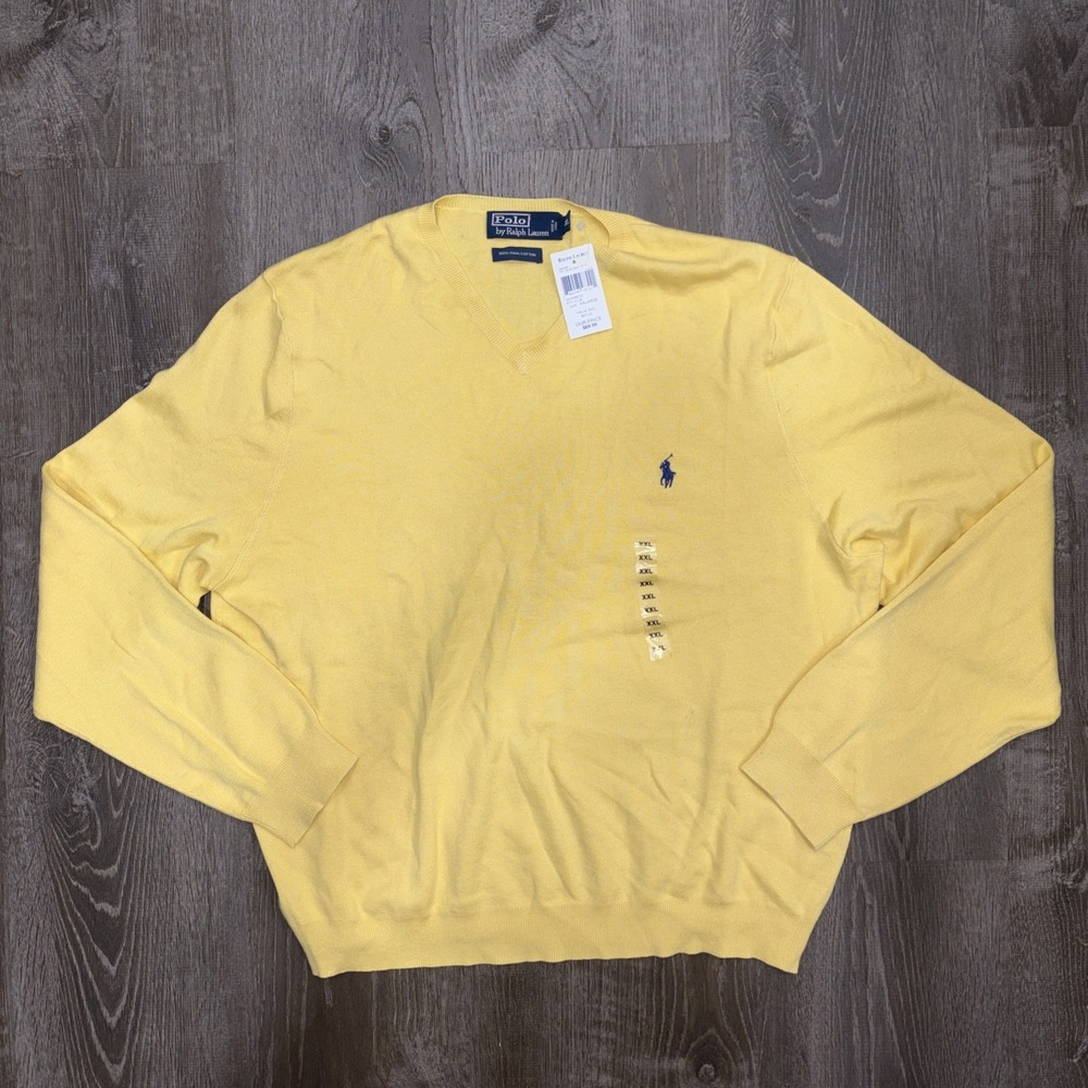 NWT Vintage Polo Ralph Lauren 100% Pima Cotton V Neck Sweater Men's XXL Yellow